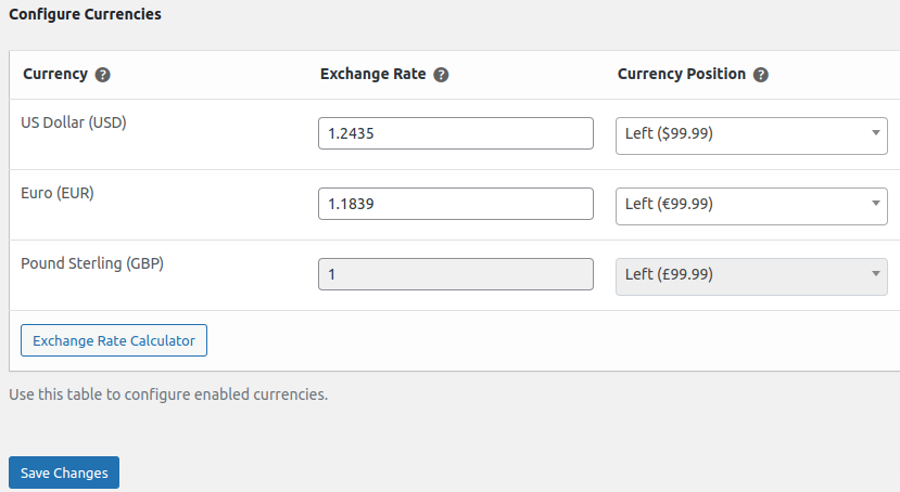 Currency rate settings