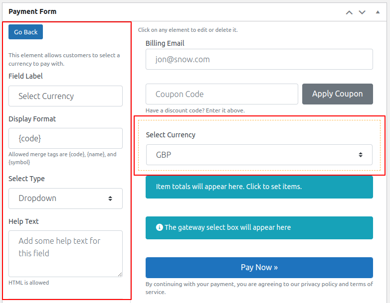 multi currency payment form setting